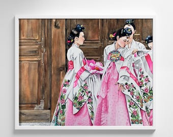 May include: Four women in traditional Korean hanbok dresses, with pink and white fabric and floral patterns, stand in front of a wooden door. The women are wearing their hair in traditional styles with elaborate hair ornaments.