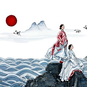 Hanbok dress, Korea, Korean Art, Korean Painting, Minhwa Fusion, Watercolor, Art Print, Fine Art, Painting
