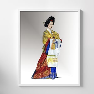 Hanbok dress, Korean, Watercolor painting, Art Print