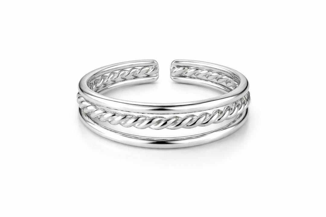 925 Sterling Silver Twist Toe Ring Adjustable Double Band Rope Design ...
