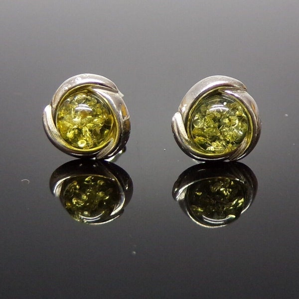 Handmade 925 Sterling Silver 10 x 10 mm Green Amber Stud Earrings with Gift Bag