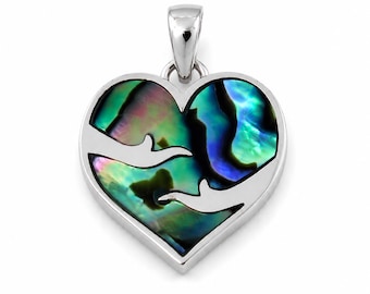 925 Sterling Silver Abalone Paua Shell Hjärtahänge med Räckande Händer Design 20 mm