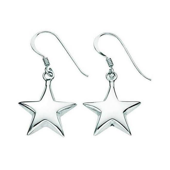 925 Sterling Silver Puffed Star Drop Earrings 31 X 14 Mm With Gift