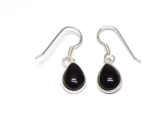 Boucles d'oreilles en forme de larme faites à la main en argent sterling 925 et onyx noir, 27 x 8 mm, sac cadeau