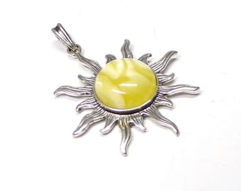 Handmade 925 Sterling Silver Sun Sunshine Pendant with Real Baltic Natural Amber