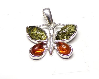 Handmade 925 Sterling Silver Butterfly Pendant with Green & Cognac Baltic Amber