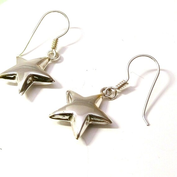 925 Sterling Silver Puffed Star Drop Earrings 31 X 14 Mm With Gift