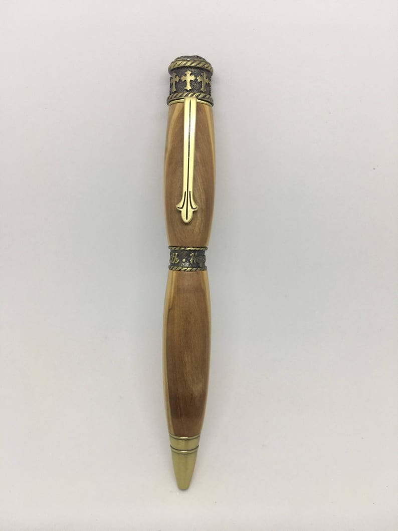 Faith, Hope & Love Pen Antique Brass and Bethlehem Olive Wood image 2