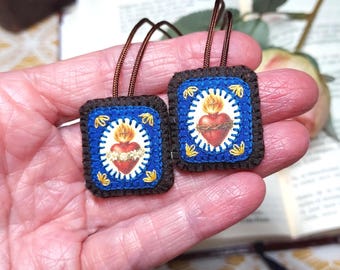 Small Brown Scapular with Sacred and Immaculate Hearts, Hand Embroidered Devotional Necklace from France