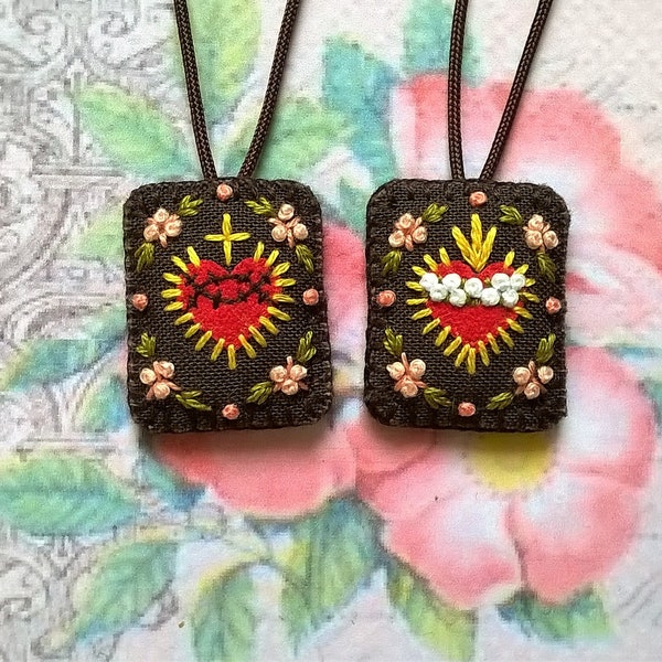 Hand Embroidered Brown Scapular, Sacred Heart Wool Pendant (0.9" x 1.1")