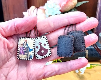 Set wollen scapulieren (2x): Onze-Lieve-Vrouw van de Karmel, effen bruin, Frans-katholiek item