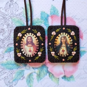 Sacred Heart and Immaculate heart brown scapular - Jesus and Our blessed Lady scapular with floral decor - communion gift -