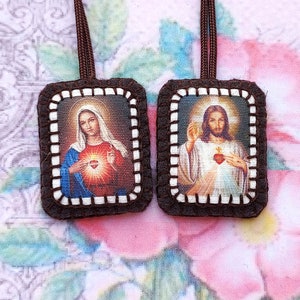 Divine Mercy and Immaculate Heart Brown Scapular with wool scapular, completely handmade in France, 2 sizes available