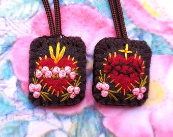 Hand bestickt Braun Skapulier, Sacred Heart, Unbeflecktes Herz, Woll Stoff Schnüre