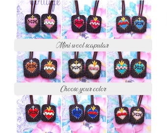 miniature Brown Scapular  (0.6" x 0.8" Panels) with Sacred heart and Immaculate Heart, Choice of 7 Colors, Tiny wool scapular