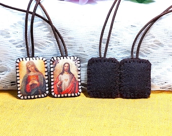 Set of 2 small catholic Scapulars - sacred heart and Immaculte heart + plain brown scapular