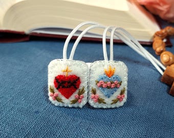 kleines handgesticktes braunes Skapulier - Sacred Heart Devotionalie, Handme de France