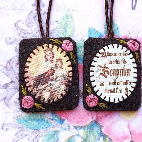 Wool Scapular with our Lady of Mount Carmel and scapular promise, small brown scapular, completely handmade in France,