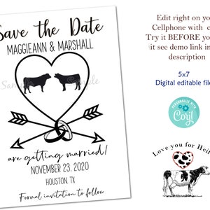 Black Angus Cow Couple invitation. Great for a farm or barn themed wedding. Black and white cow silhouette .  Edit & Print anywhere!