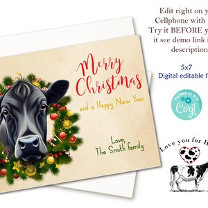 Angus Cow Christmas Card: a happy Cow Wreath Rustic Christmas card for the Joyous and Christmas AF. Instant Digital Download.