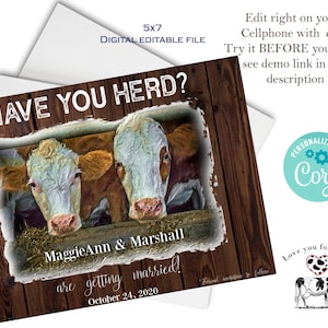 Invitation de mariage Cowboy : une invitation de vache à téléchargement numérique modifiable pour votre mariage rustique.