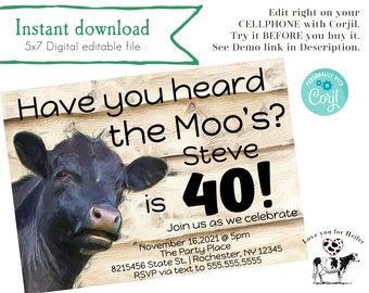 Angus Cow Party Invitation! Birthday party with a country theme. An editable digital download cow invitation for your rustic wedding.