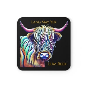 Highland Cow Coaster Set. A Highland Cow Coaster set made with corkwood. Scottish Highland Cow Crafts for your home.
