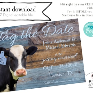 Black and White Holstein Cow Tag The Date. A Cowboy Wedding Invitation: an editable digital download cow invitation for your rustic wedding.