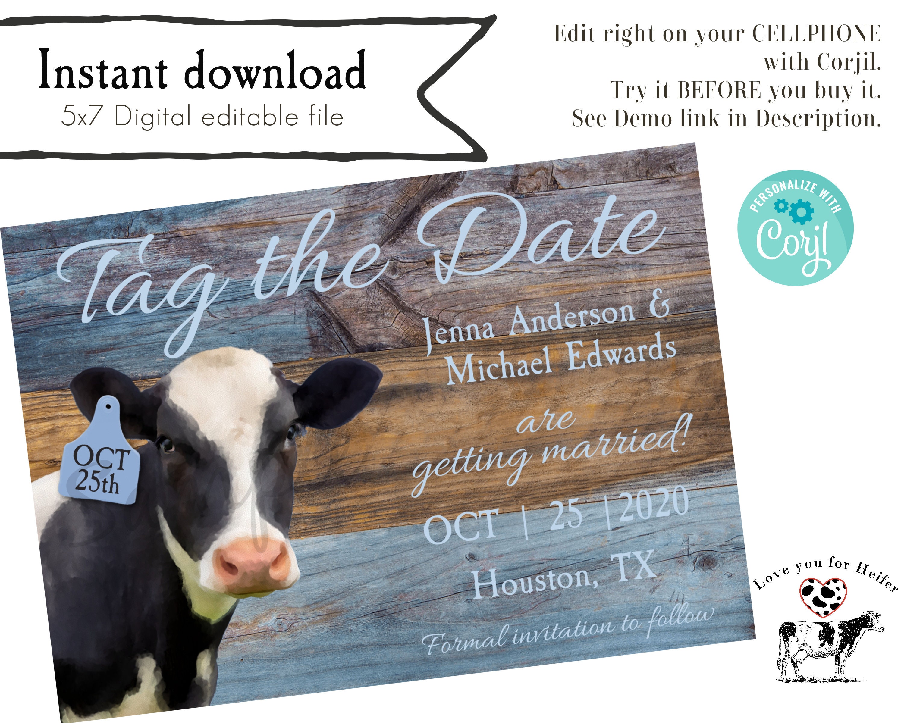 Black and White Holstein Cow Tag The Date. A Cowboy Wedding Invitation: an editable digital download cow invitation for your rustic wedding.