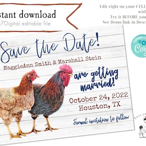 Küken Save The Date | Huhn-Hochzeits-Einladung| Hochzeit auf dem Bauernhof | Rustikale Hochzeit | Sofort bearbeitbarer digitaler Download