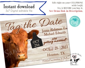 Red Angus Cow Tag The Date | Save The Date | Cow Wedding Invitation | Farmhouse Wedding | Rustic Wedding | Instant Editable Digital Download