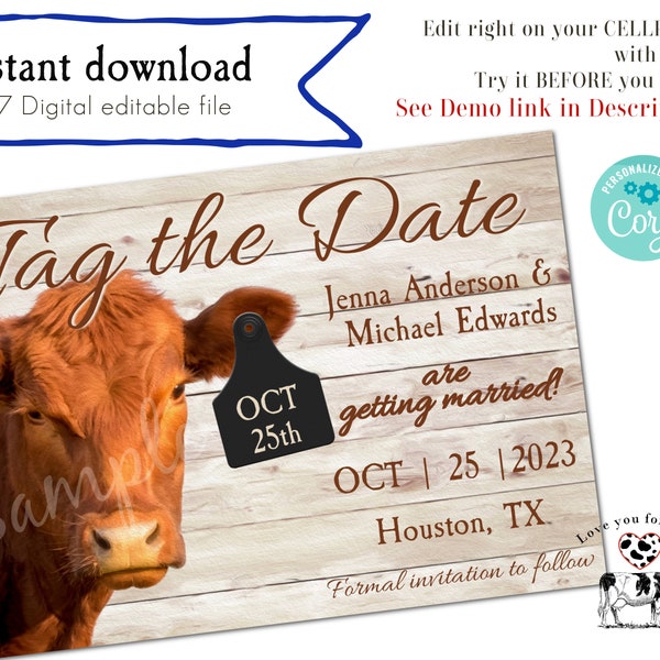 Red Angus Cow Tag The Date | Save The Date | Cow Wedding Invitation | Farmhouse Wedding | Rustic Wedding | Instant Editable Digital Download