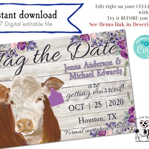 Purple Hereford Cow Invitation. A Farm and Country Wedding Invitation that you can edit yourself. Instant digital download.