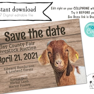 Boer Goat Farm Animal Show Save The Date | State Fair invitation | Farm Save The Date | Instant Editable Digital Download