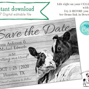 Black and White Holstein Cow Wedding Invitation | Rustic Wedding Invitation | Country Wedding Invitation | Editable Digital Download
