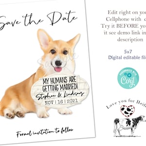 Welsh Corgi Save The Date! A Corgi wedding announcement for dog lovers. An Instant Digital download that you can edit!