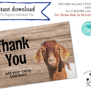 Toon geit bedankkaart | Staatsbeurs bedankkaart | Boerderij Bedankkaart | Geitkaart | Geit Evite | Direct bewerkbare digitale download