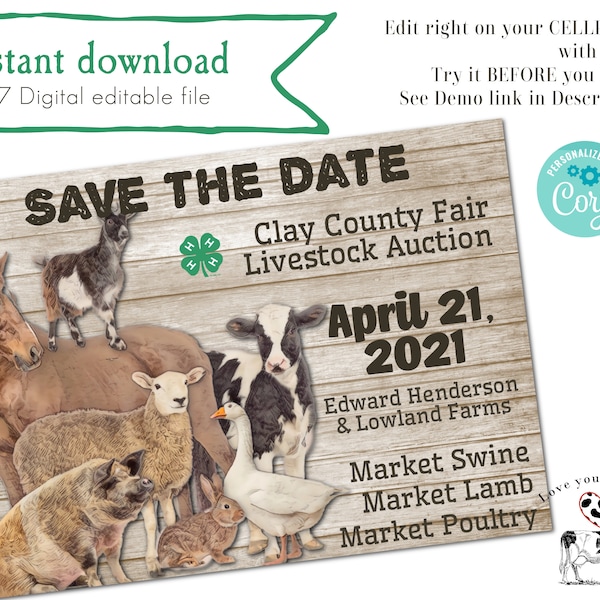 Farm Animal Show Save The Date | State Fair invitation | Farm Save The Date | Cattle Auction | Instant Editable Digital Download