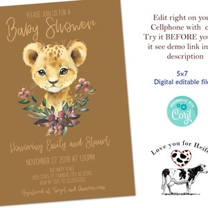 Lion Cub baby shower invitation. A cute Lion baby shower invite you can edit and print. Cute country baby shower. Instant digital download.