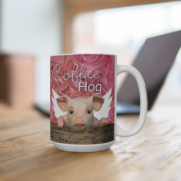 Coffee Hog: The Flying Pig coffee Mug  in 15oz size. A big coffee mug with an angel pig design.
