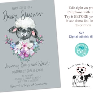 Lamb baby shower invitations. A cute sheep baby shower invite you can edit and print. Try it for free! Instant digital download.
