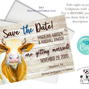 Cowboy Hochzeitskarte | Cowboy Hochzeit | Cowgirl Hochzeit | Bauernhof Save The Date | Landhochzeit | Sofort bearbeitbarer digitaler Download