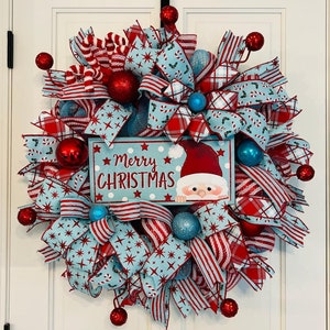 Christmas Wreath for front door, Christmas Decorations, Merry Christmas, Holiday Wreaths, Deco Mesh Wreath, Red Christmas Ornaments
