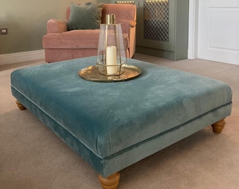 Square Ottoman / Coffee Table upholstered smooth top. Made to Order footstool finished a velvet teal fabric with oak legs. Custom Made