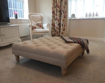 Large Footstool Square Chesterfield Ottoman: Deep Buttoned Cream Weave Coffee