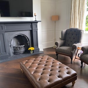 Leather Footstool / Buttoned Ottoman Made to Measure Upholstered with Wooden Legs image 3