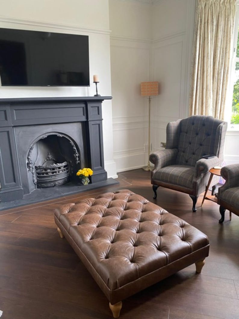 Leather Footstool / Buttoned Ottoman Made to Measure Upholstered with Wooden Legs image 3