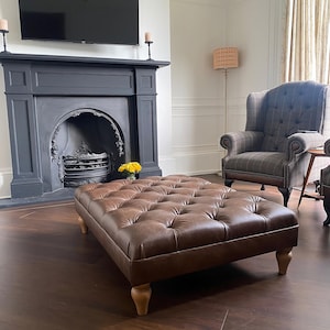 Leather Footstool / Buttoned Ottoman Made to Measure Upholstered with Wooden Legs image 1