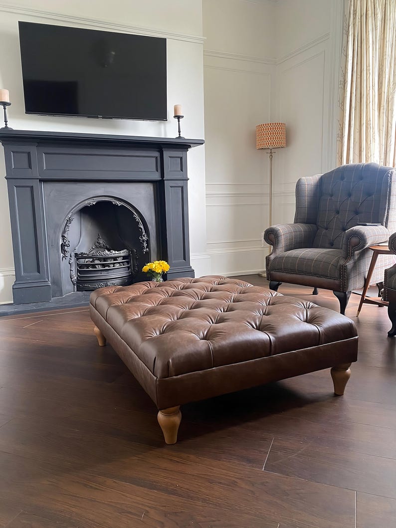 Leather Footstool / Buttoned Ottoman Made to Measure Upholstered with Wooden Legs image 1