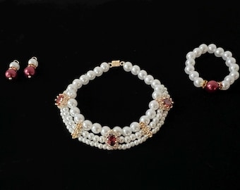 Handmade 18” doll necklace, bracelet, and earring drops jewelry set - garnet